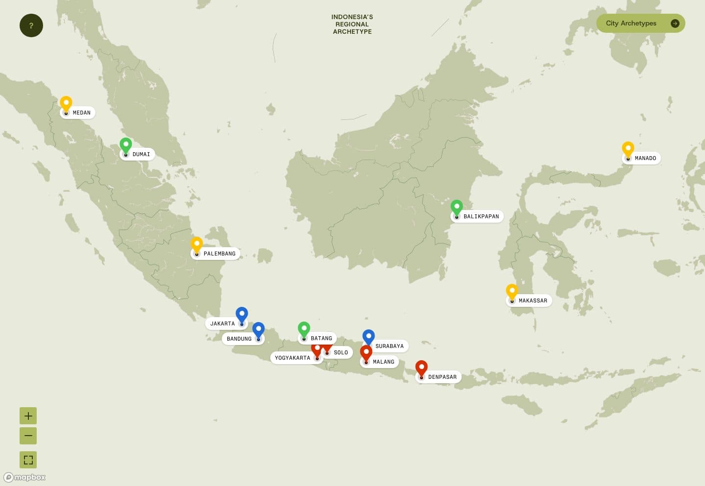 The map of Indonesia's regional archetypes at indonesiaregionalarchetypes.com, with its cities pinned